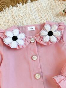 Bộ 2 món bé gái mùa xuân/thu màu hồng dễ thương, áo blouse tay dài cổ bèo nhún họa tiết hoa 3D phối cùng quần ống rộng đa năng, gấu quần trang trí hoa, trang phục hằng ngày ngọt ngào cho trẻ sơ sinh và chập chững - Hồng - Xem 4