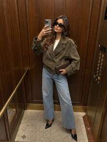 Women's Autumn Elegant Casual Olive Green Button-Up Cardigan Long Sleeve Short Jacket, Suitable For Vacation, Office, Outings - Army Green - View 1