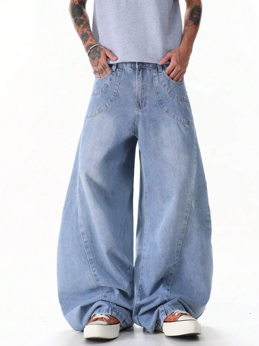 Hearty Haven 1pc Japanese Street Style Patchwork Men's Wide Leg Balloon Jeans, Comfortable Loose Washed All-Season Curved Long Pants - No Belt And Accessories - Blue - View 1