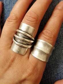 Gmzalx Conjunto de 2 anillos de banda ancha de moda minimalista única y creativa, accesorio perfecto de joyería multifuncional para mujer, adecuado para uso diario, vacaciones y diversas ocasiones - Plateado - Ver 2