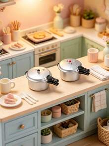 1pc/2pcs/5pcs Silver With Black Handles, Iron Alloy Mini Pressure Cooker Model, Realistic Metal Textured Double-Handle Kitchen Decor, Miniature Dollhouse Scene Prop, Tabletop DIY Display Decoration, Photography Accessory - Black - View 4