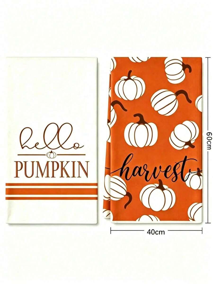 秋季廚房布 Hello Pumpkin 感恩節豐收茶巾 秋季橘色與白色布料 鄉村農場風手巾 適用於廚房烹飪與烘焙 - 彩色 - 查看 1