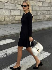 New Autumn/Winter Women's Elegant Bow & Button Design Sweater Dress - Black - View 4