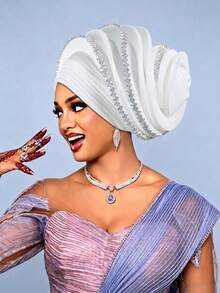 1pc Elegant Women's 3D Pleated Rhinestone Headscarf Hat, Suitable For Weddings, Evening Parties, Birthday Parties And Other Occasions - Multicolor - View 13
