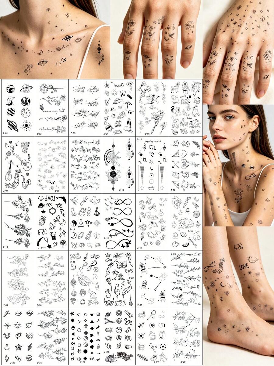 (30入) 迷你黑色精緻設計臨時紋身貼紙,包含星星、月亮、花朵、愛心、線條等多款圖案,滿足各種造型需求,防水且可持久3-7天,適用於手指、耳垂、手腕等部位 - 黑色 - 查看 1