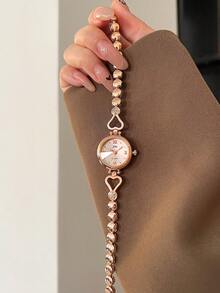 gedi 1pc Fashion Women's Alloy Bracelet Watch, Elegant Vintage, Round Dial With Heart-Shaped Rhinestone Chain, Suitable For Various Occasions, Ideal Holiday Gift - Pink - View 8
