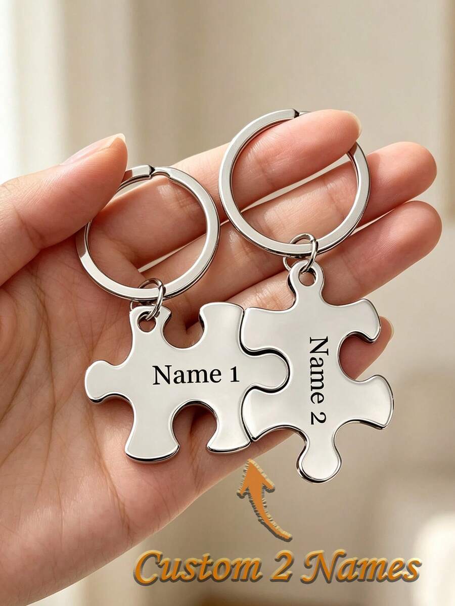 Customized Name Personalized Keychain, In-Stock Blank Stainless Steel Couple Puzzle Pendant, Valentine's Day Gift Keychain - Multicolor - View 1