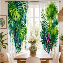 2pcs Creative Pixel Drip Watercolor Tropical Green Plant Pattern Printed Semi-Sheer Curtains, 90GSM Polyester Semi-Sheer Privacy Protection, Easy Installation, Quick Dry, Fade-Resistant, Lightweight Removable Washable Curtains, Suitable For Home, Room, Kitchen Partition Or Decoration - Multicolor - View 8