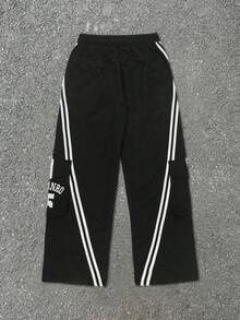 Black Side Double Stripe Letter Print Cargo Sweatpants, Elastic Drawstring Wide Leg American Street Casual Long Pants For Men - Black - View 4