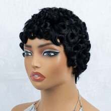 Black Curly Wig Pixie Cut Wig Human Hair Wigs Women's Short Hair Wig Elegant Design 4 Inches Elastic Mesh Cap Suitable For All People - Natural Black - View 8
