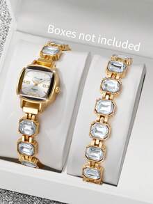 Women's Square Rhinestone Dial Quartz Bracelet Watch With Digital Scale + Square Rhinestone Bracelet (2pcs/Set) Watch Box Not Included - White - View 1