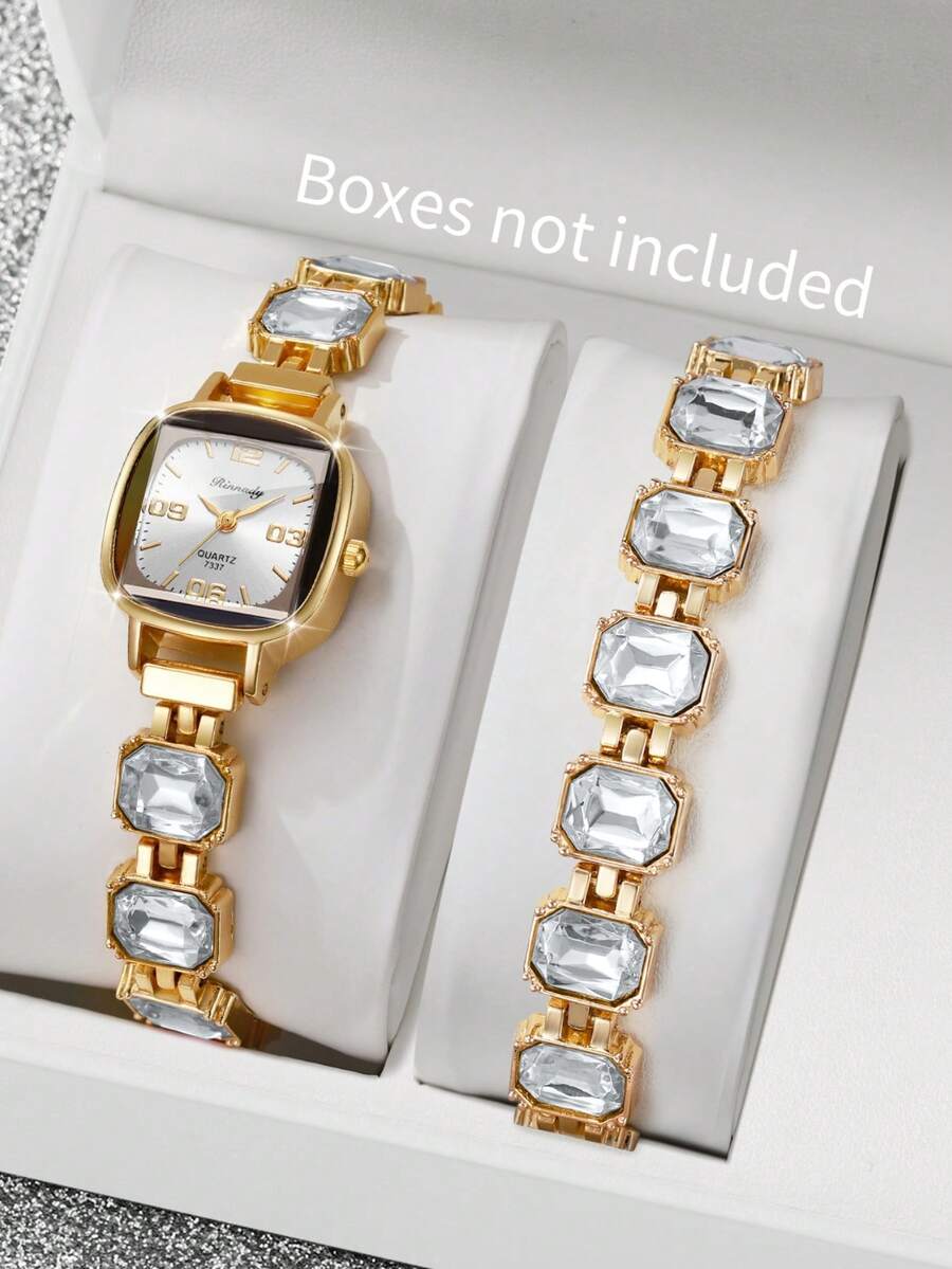 Women's Square Rhinestone Dial Quartz Bracelet Watch With Digital Scale + Square Rhinestone Bracelet (2pcs/Set) Watch Box Not Included - White - View 1