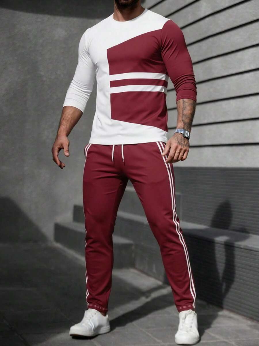 Men's Fashionable Versatile Streetwear Casual Pullover Crew Neck T-Shirt And Drawstring Pants Set - Multicolor - View 1