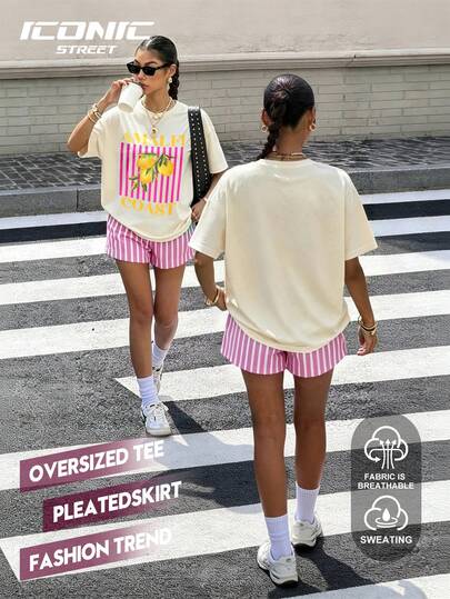 大码女式休闲夏季条纹柠檬印花T恤和条纹短裤套装，优雅
