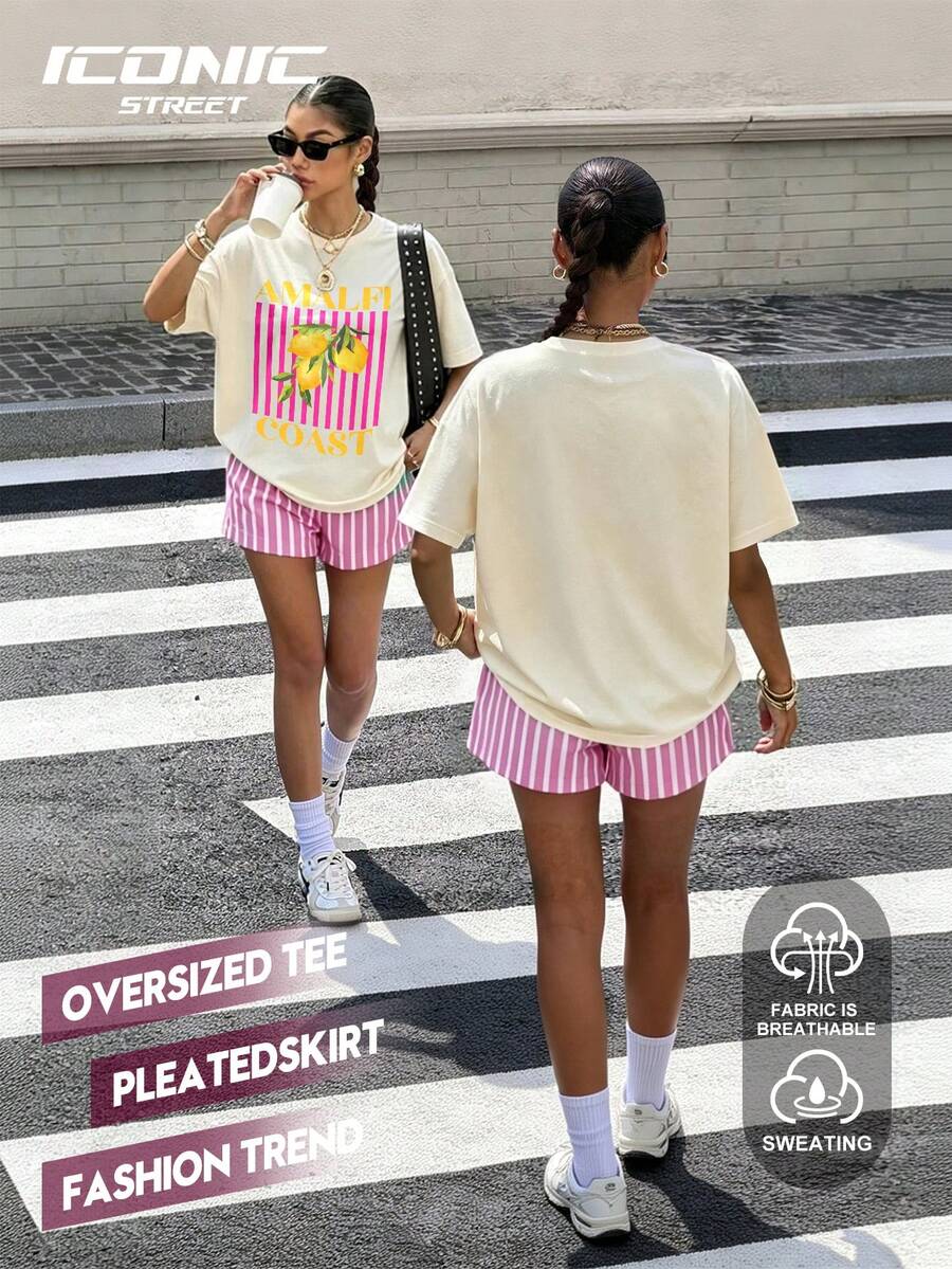 大码女式休闲夏季条纹柠檬印花T恤和条纹短裤套装,优雅 - 彩色 - 查看 1