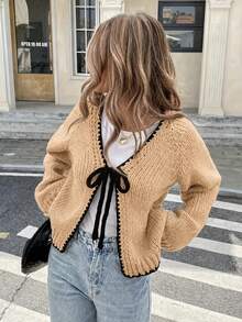 Women's Chic Casual V-Neck Tie-Front Raglan Sleeve Ribbed Contrast Trim Cardigan, Elegant Loose Vacation Daily Commute Outings Sweater, Fall Winter - Apricot - View 2