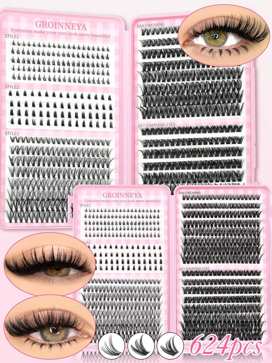 GROINNEYA Large Capacity Eyelash Book 624PCS Fluffy Airy Cluster Eyelashes Volume 5D Individual Lashes 3 Styles DIY Lash Extension,C Curl Wispy False Lash Clusters,Tail Elongated Eyelashes,Suitable For Daily And Party,Date Makeup,High Capacity Lashes - C - View 1