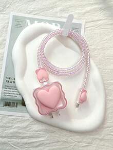 6pcs Heart-Shaped Charger Protector Set Compatible With IPhone 18W/20W Charger, Protective Case + Data Cable Protector + Storage Bag, Anti-Breakage Girly Charger Head Protector - Pink - View 2