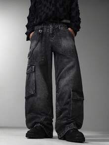 Modcrash Men's Korean Style Wide Leg Jeans, Double Waistband Design With Big Side Pockets, Loose Casual All Season Long Denim Pants (No Belt & Accessories) Fall/Autumn/Winter - Black - View 9