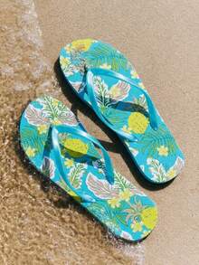 Grefit Sandal Jepit untuk Wanita, Motif Bunga Tropis Musim Panas, Sandal Selop, Sederhana, Sandal Pantai untuk Liburan - lemon hijau - View 1
