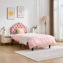 Twin Size Upholstered Platform Bed Frame With Adjustable Headboard, Velvet Single Bed With Wood Slat Support, No Box Spring Needed, Easy Assembly, 90x200cm - 粉色 - 查看 1