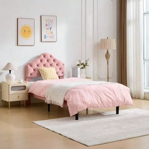 Twin Size Upholstered Platform Bed Frame With Adjustable Headboard, Velvet Single Bed With Wood Slat Support, No Box Spring Needed, Easy Assembly, 90x200cm - 粉色 - 查看 1