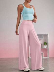 2pcs Women's Yoga Set, Criss-Cross Back Tank Top & High Waist Wide Leg Pants, Tummy Control Fitness Loungewear - Multicolor - View 2