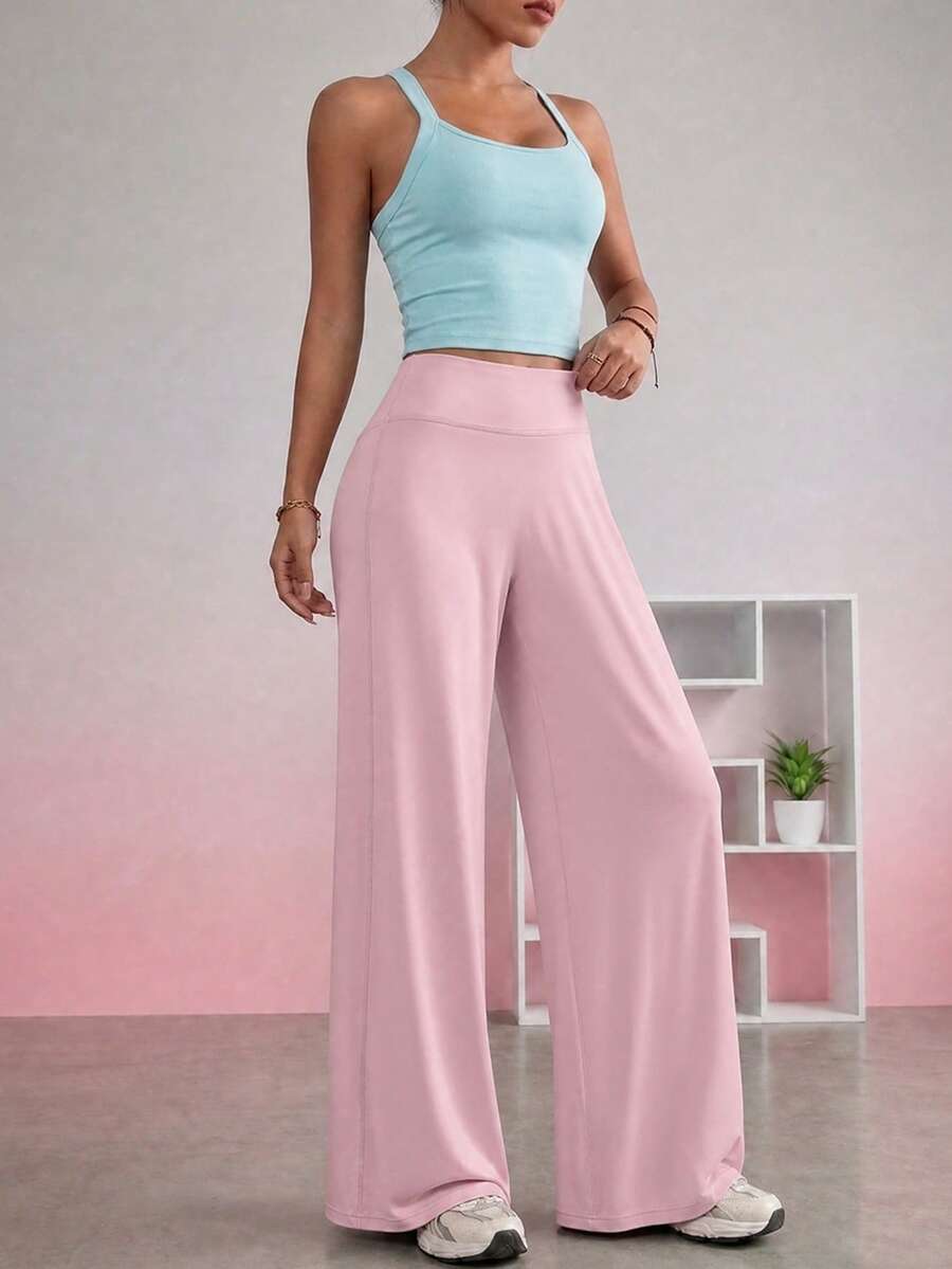2pcs Women's Yoga Set, Criss-Cross Back Tank Top & High Waist Wide Leg Pants, Tummy Control Fitness Loungewear - Multicolor - View 1