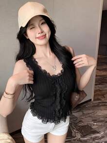 性感简约蕾丝边吊带背心，韩版针织短款吊带背心，适合返校季春夏穿着，黑色 - 黑色 - 查看 1