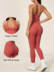TimeOff Women's One Set Solid Color Deep V Halter Neck Tank Top With Adjustable Straps And High Waist Leggings Set - Red - View 9