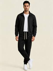 AHTELB Men's Spring/Autumn Stand Collar Zip-Up Casual Sports Set, Stand Collar Jacket, Versatile Fashionable Black Outfit - Black - View 4