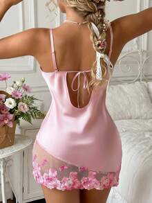 Women's Pink V-Neck Embroidered Spaghetti Strap U-Back Sweet Cute Lingerie Nightgown Silky Glossy Sexy Satin Silk Loungewear Autumn - Pink - View 2