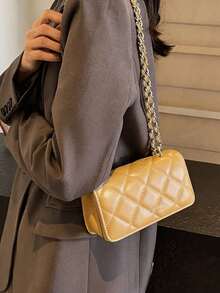 Mini bolso de mano con cadena acolchada de diamantes nuevo, bolso bandolera de diseño simple, bolso de hombro para ir al trabajo - Mostaza Amarilla - Ver 6