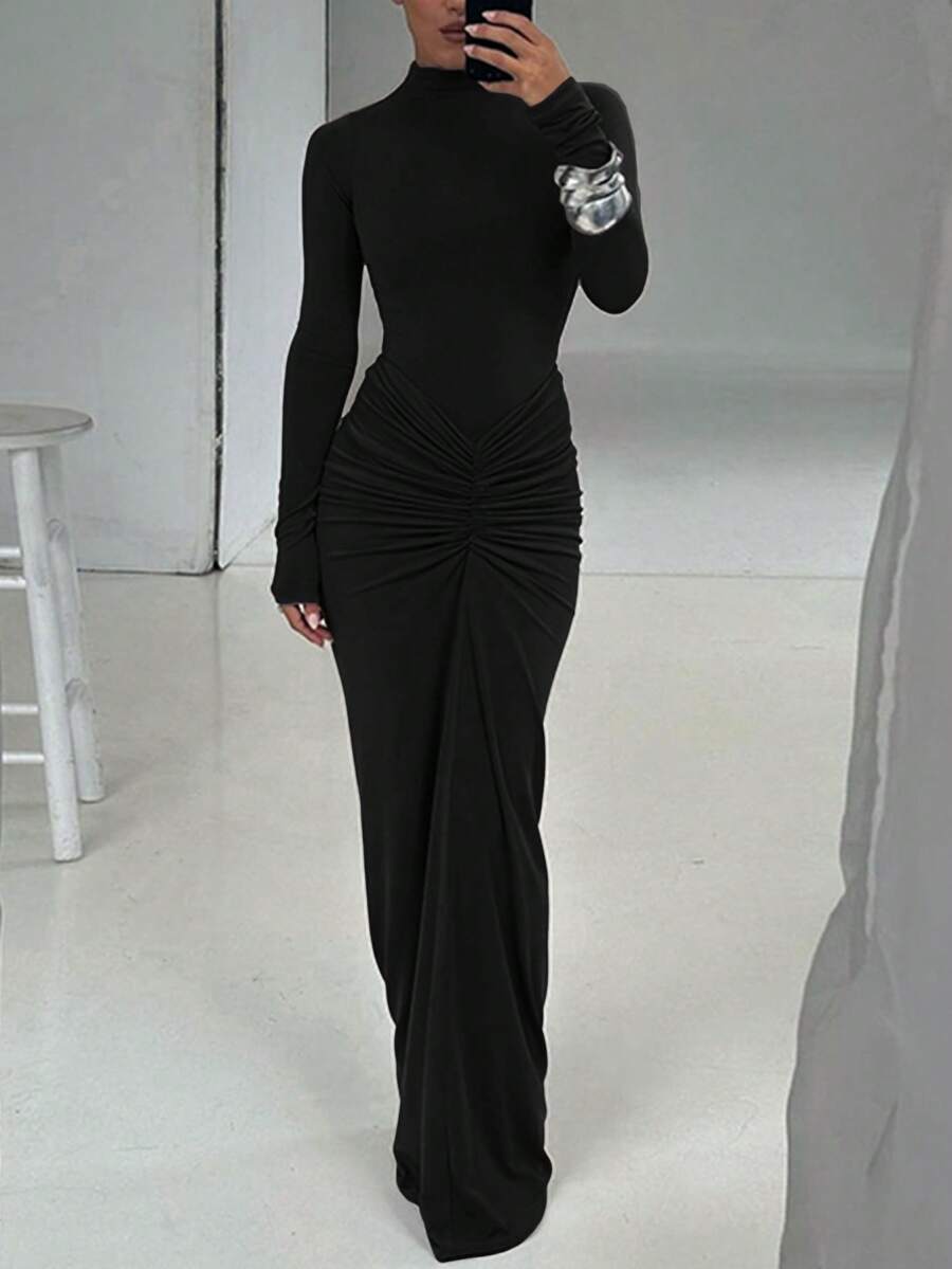 DOUCIU Women's Elegant Knitted Long Sleeve Stand Collar Ruched Slim Fit Bodycon Maxi Dress - Black - View 1