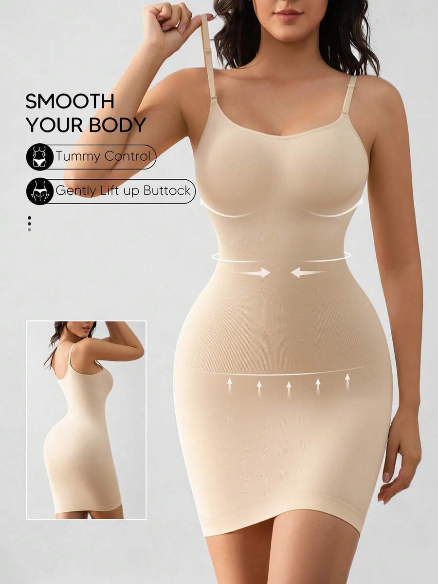 Suprenx 女款無縫塑身背心洋裝,可調節肩帶,收腹塑身,適合日常穿著 - 杏色 - 查看 1
