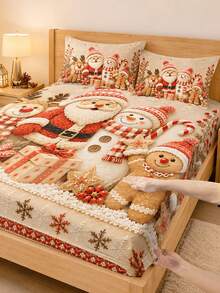 3pcs Christmas Cartoon Santa Claus Snowman Reindeer Print Bedding Set, (1PC Fitted Sheet + 2pcs Pillowcases, Pillow Inserts Not Included,) Polyester Digital Print, Cute Snowman Santa Claus Reindeer Penguin Theme Bedroom Decor, Machine Washable, Bedroom Holiday Home Textiles - Multi-color 1 - View 4