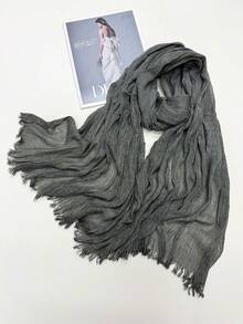 1件女款純色百褶流蘇圍巾，透氣防滑頭巾，防曬保暖披肩，適合搭配洋裝 - 彩色 - 查看 10