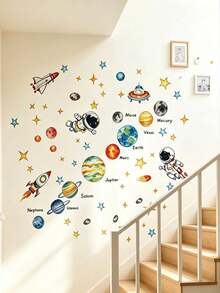 Large Solar System Planets Educational Wall Decals Astronaut Space Spaceship Rocket Stars Pattern DIY Peel And Stick Vinyl Stickers For Kids Room Nursery Bathroom Bedroom Game Room Home Decor Gift - Multiple Styles - View 2