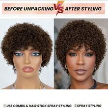 AMECIRE Curly Wig Brown Wig Short Hair Wig Human Hair Wigs Pixie Cut Wig Women's Curly Wig Elastic Mesh Cap Suitable For Everyday Wear And Holidays - S4 - View 4