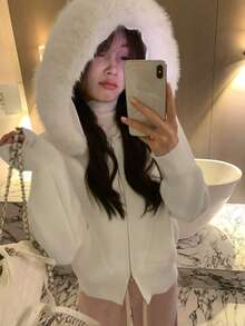 Women's Solid Color Hooded Knit Cardigan Sweater With Detachable Fur Collar, Autumn - Apricot - View 7