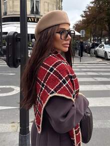 1pc Triangle Plaid Cashmere Minimalist Star Pattern Jacquard Warm Scarf, Women's Style, Autumn/Winter Fashion Versatile - Red - View 4