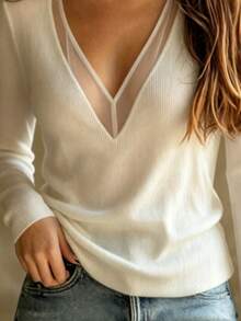 Women's Autumn/Winter Sexy Mesh Patchwork V-Neck Ribbed Long Sleeve Top, Slim Fit Slim Fit Elastic Knit T-Shirt, Pure White - White - View 5