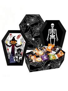 4pcs Halloween Coffin Shaped Cardboard Box Tray Set, Spider Web & Bat Print Storage Boxes; Halloween Party Display Trays, Halloween Tabletop Decor Plates, Halloween Gift Storage Boxes, Halloween Gift Packaging, Halloween Party Packaging Supplies - Multicolor - View 8