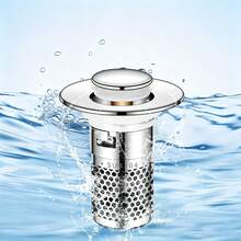 1pc Universal Push-Down Pop-Up Sink Stopper With Plastic Core, Anti-Clogging Hair Filter Basket, Easy To Remove And Clean, Bathroom Sink Replacement Drain Accessory, Home And Apartment Anti-Clogging Drain Fitting - Silver - View 8
