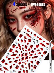 2/4pcs Red Face Gem Stickers, Star, Heart, Teardrop, Square, Diamond Shapes, Self-Adhesive, With Tweezers, Suitable For 2K Style Carnival Party, Halloween, Cosplay - Red - View 12