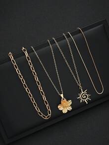 4pcs Fashion Minimalist Floral Sun Pendant Necklace Set For Women, Suitable For Vacation, Date, Party, Ball, Banquet, Holiday, Birthday Gift, Daily Wear - Yellow Gold - View 3