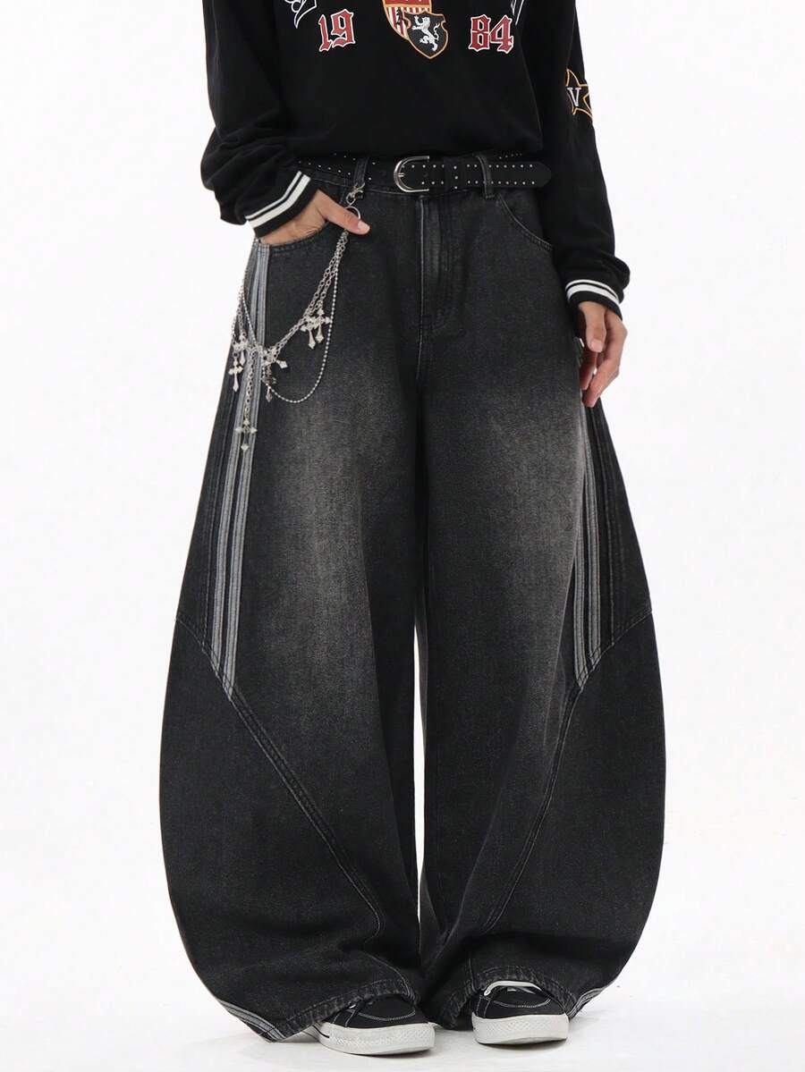 Hearty Haven 1pc Japanese Street Style Men's Patchwork Curved Leg Loose Comfortable All-Season Versatile Wide Leg Denim Jeans - No Belt And Accessories - Black - View 1