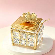 Luxury Square Cut Crystal Sugar Bowl With Ginkgo Leaf Lid And Pearl Spoon, Metal Frame Glass Sugar Jar With Spherical Feet, Decorative Kitchen Canister, Coffee Bar, Home Afternoon Tea, Dining Table Decor - Gold - View 5