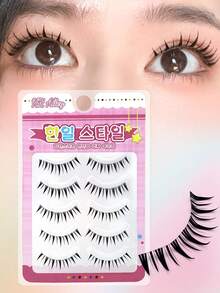 5 Pairs Wet-Look Pointed Dense Girl Group Style Invisible Band Eyelashes, Wet-Tip Flowing Realistic Mink Faux Eyelashes, Big Eye Korean-Japanese Doll Style Pointed Column Eyelashes For Date And Daily Wear - Black - View 2