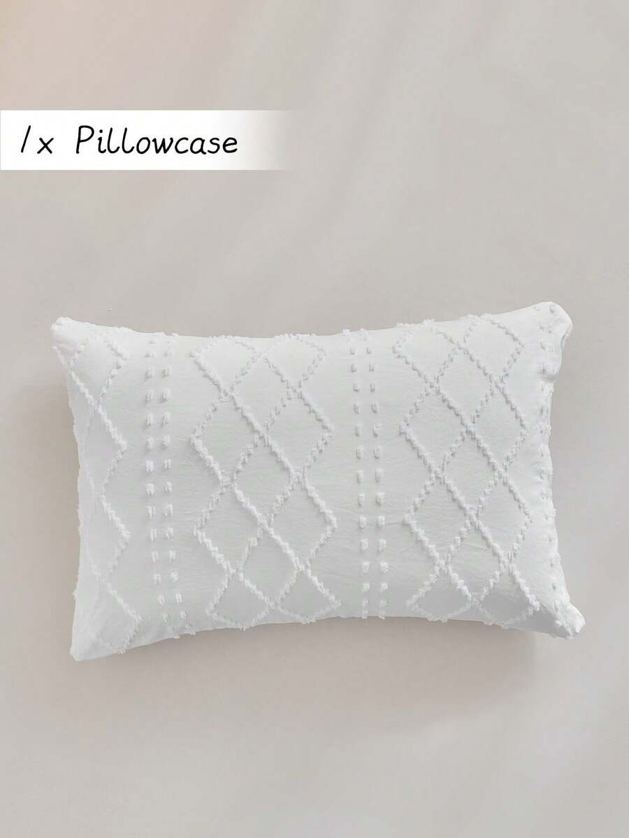 1pc White Geometric Rhombus Pattern Tufted Pillowcase, Ins Style Textured Polyester Decorative Cushion Cover, Suitable For All Seasons, Decor, Machine Washable, No Filling Included - White - View 1